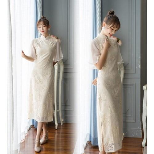 Chinese wind cultivate morality show thin lace nail bead button long qipao dress skirt ethical wind summer cotton dress