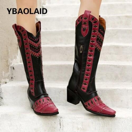 Pointed Thick Heel Leather Handmade Leather Belt Stitching Retro Cowboy Boots Color Matching Rivet Side Zipper Rider Boots