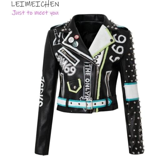 LEIMEICHEN PU Leather Jacket Women Rivet Punk Rock Jacket Biker Motorcyclist Black Graffiti Print Short Coat Leather Top MT-1689