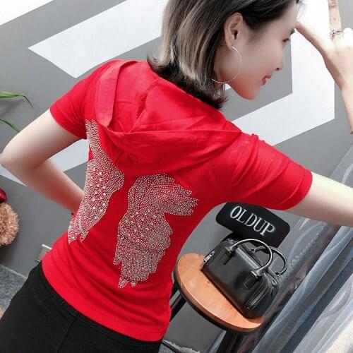 Summer Casual Hooded T-shirt Fashion Diamond Short sleeve V-neck Top 2021 Women T Shirt Plus Size M-3XL