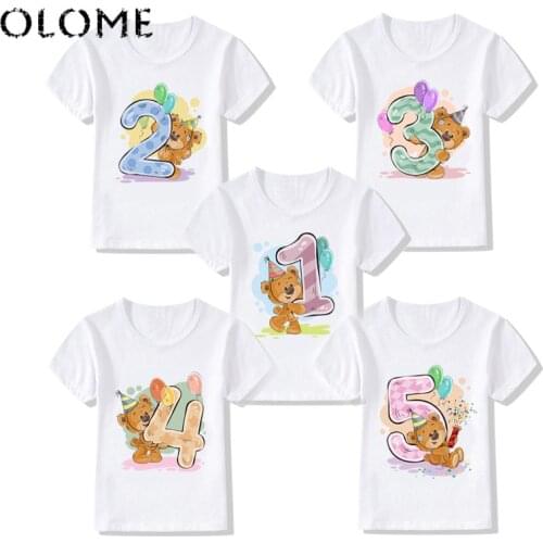 Kids Happy Birthday Cute Print Number 1~9th T-shirts Boy and Girl Teddy Bear Tshirt Baby Letter Bow Number Top Children Clothes