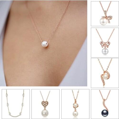 Trendy Daily Imitation Pearl Chain Pendant Necklace for Women Rose Gold Color Fashion Jewelry for Party Wedding