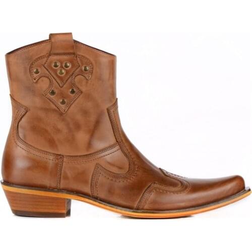 FootCourt- Tan Cowboy Ankle Boots For Men Texas Boots Light Weight Boots Short Boots Side Zip Pointed Toe Contemporary models