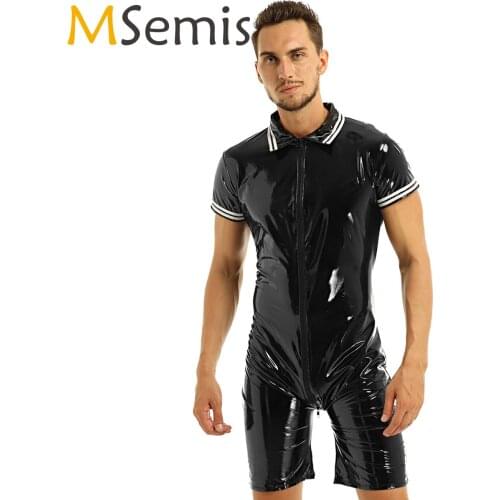 Mens Lingerie Wetlook Sexy Clubwear Patent Leather Bodysuit Leotard Wrestling Singlet Men Turn Down Collar Pouch Thong Leotard