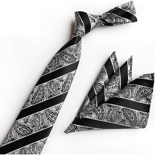 New Designer Mens Necktie Set Black Silver Striped Paisley Ties with Woven Handkerchief