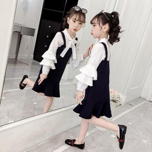 Girls Clothes New Fashion Autumn Kids Clothes suit Petal Sleeve Lace Shirt+shoulder-straps Dress 2Pcs Children Clothes 4-12Y