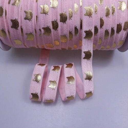 Wholesale factory cat gold foil print fold over elastic ribbon custom print 5/8",50Yards per lot