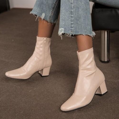 Autumn Winter Boots women PU Ankle Boots For Women Thick Heel Zipper Ladies Shoes Boots Middle Heel Shoes