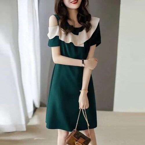 Off One Shoulder Short Sleeve Black Dress Women Green Ruffles Patchwork Slim Midi Dress for Woman Sweet Office Korean Dresses