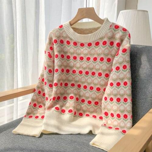 Korean style pullover sweater women loose long-sleeved autumn and winter 2021 fashion new round neck printed knitted top