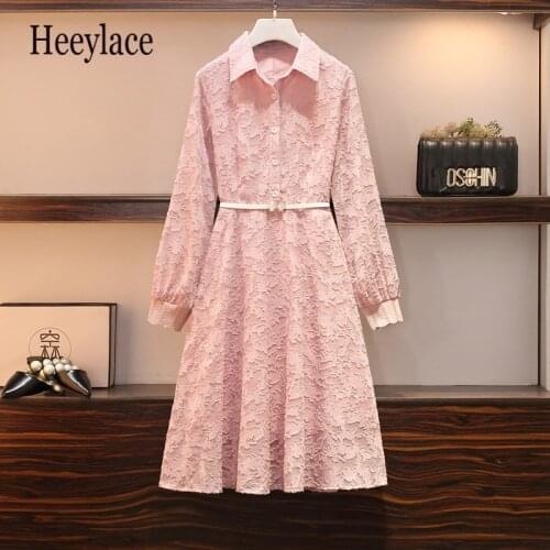 Plus size dresses women elegant long sleeve Spring a-line pink dresses women solid turn down collar knee dress with belt 2021