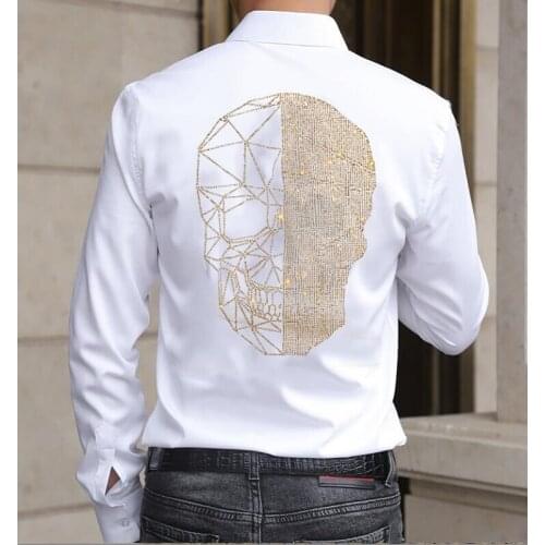 Mens New Fashion Rhinestone Skull Long Sleeve Striped Fit Shirt Casual Top Blouse Wholesale Hot drill camisa