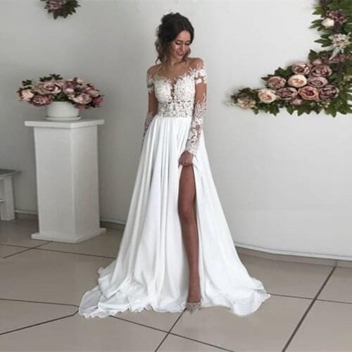 Sexy Beach Bohemian Long Sleeves Wedding Dresses Sheer Neck Appliques Chiffon Side Slit Bridal Dresses robe de soirée de mariage