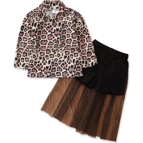 Stylish Children’s Long-sleeved Trousers Set Girl Personality Leopard Round Neck T-shirt Elastic Mesh Long Pants Skirt 0-5Y
