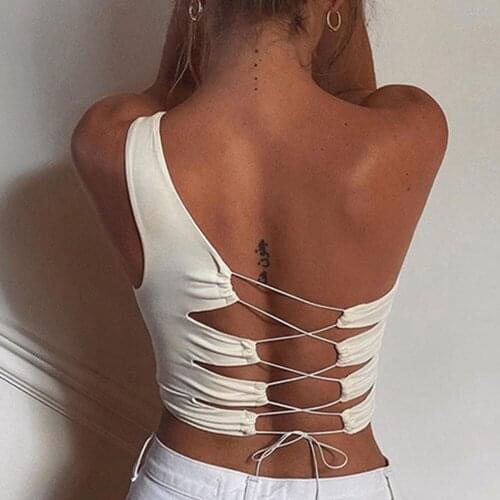 Women Fashion Sexy Hollow Off Shoulder Backless Tank Tops Summer Club Party Solid Color Camisole Crop Tops Slim Lace up Vest Tee