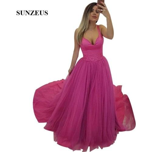 A-line Sweetheart Spaghetti Straps Fuchsia Evening Dresses Long Tulle Formal Gowns Beaded Waistline Women Party Dress With Train