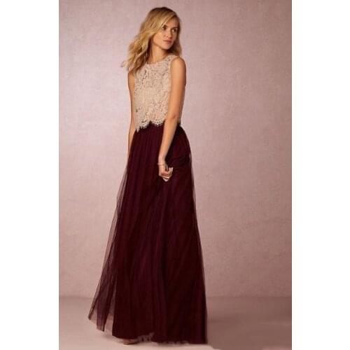 Vintage False Two Pieces Bridesmaid Dresses Lace Top Tulle Skirt Long Burgundy Prom Gowns Junior Wedding Party Gowns Custom