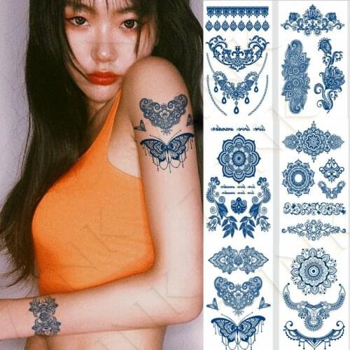 Juice Waterproof Temporary Tattoo Stickers Butterfly Mandala Group Flower NecklaceTotem Art Fake Tatto 7-15 Days for Men Women
