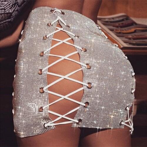 Luxury Glitter Metal Crystal Diamonds Skirts Women Hollow Out Diamonds Rhinestone Lace Up Sexy Clubwear Nightclub Mini Skirt