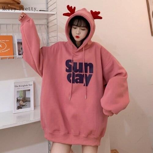 Fleece Letter Print Casual Oversize Hooded Sweatshirts Women 2021 Summer Drawstring Hoodies With Horn On Hood Korean Female Top