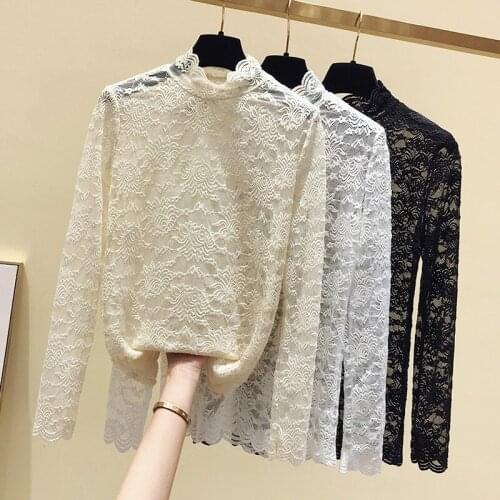 Gkfnmt Lace Long Sleeve T shirt Women Tops Sexy Mesh Transparent Top Korean Women Tshirt Tee Shirt Vogue 2020 White Clothes