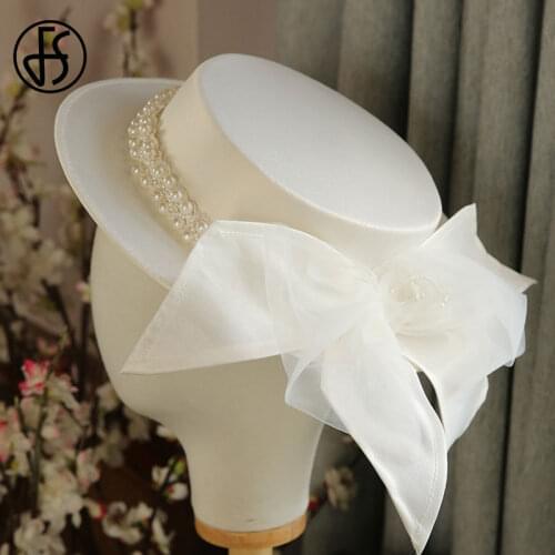FS 2021 Ladies Hats Elegant Fascinator Pearl White Flat Top Hat Women Wide Brim British Party Church Wedding Dress Hat