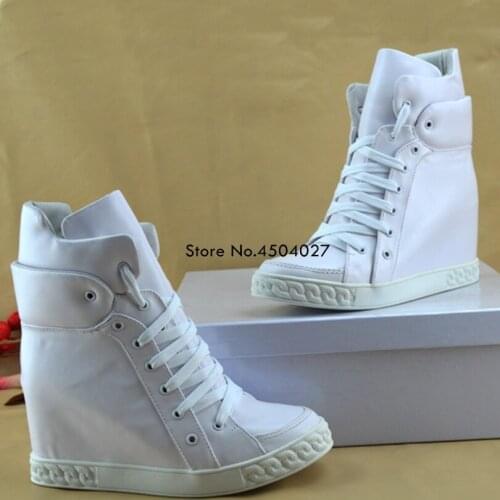 Womens Ankle Boots Autumn Lace Up Shoes Woman Platform Height Increased 8 cm Round Toe Wedges White Boots