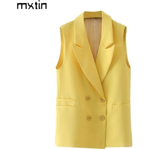 MXTIN 2021 Women Summer Fashion Solid Double Breasted Waistcoat Vintage Lapel Collar Sleeveless Female Casual Waistcoat Chic Top