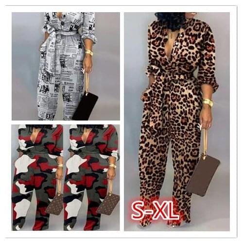 Leopard Tied Waist Long Sleeve Jumpsuit Women Rompers Fashion One Piece Overalls Casual Jumpsuits Streetwear Dropshipping
