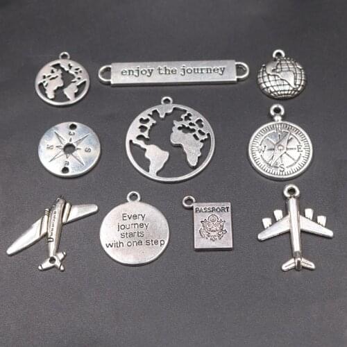 20pcs Mix Silver Plated Enjoy The Journey/World Map/Compass/Airplane/Passport/Pendants DIY Charms Travel Jewelry Crafts Making