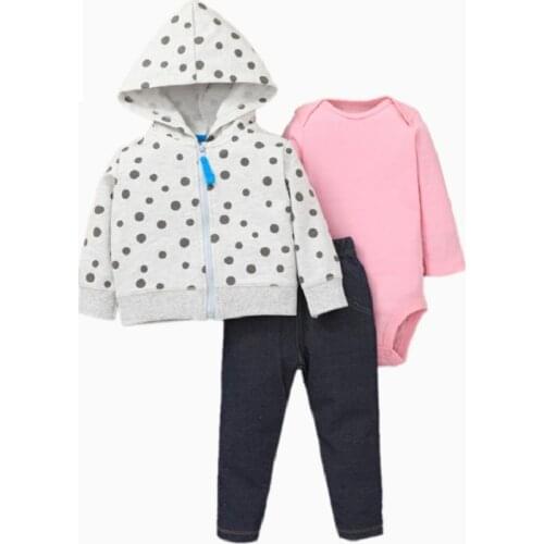 Baby girl long sleeve dot hooded jacket+rompers pink+pants clothing set 3pcs newborn boy outfit 2021 fall toddler fashion cotton