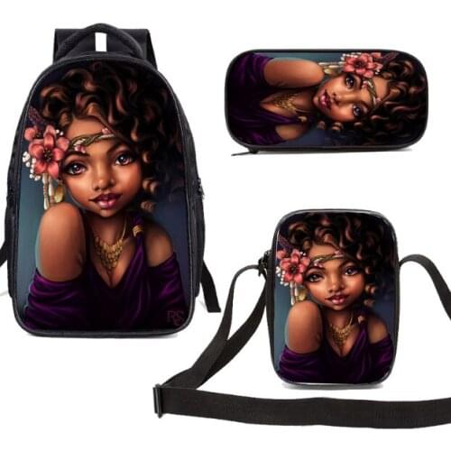 Cartoon cute afro girl children school bags brown beauty princess Print 3pcs Set Student Backpack Pencil bags Teens Mochila