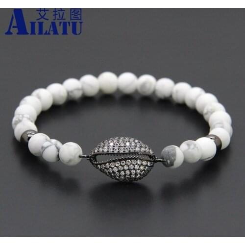Ailatu 6mm White Howlite Stone Venus Flytrap Micro Pave Piranha Cubic Zirconia Seashell Bracelet Pulseira Hombres