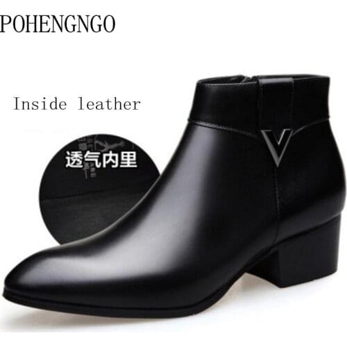 New Fashion Genuine Leather Mens Ankle Boots Black Pointed Toe Boots Men High Heels designer increase Cowboy Dress Shoes Man