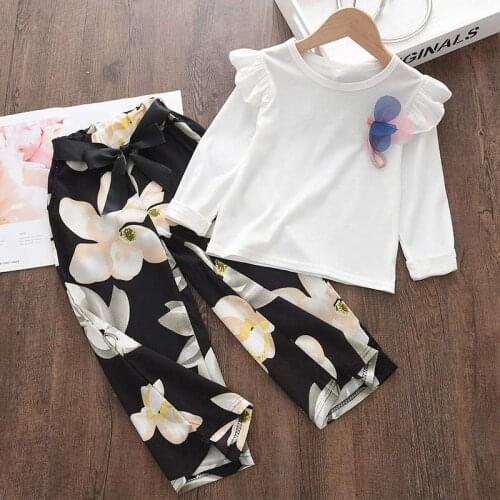 Childrens Casual Fall Clothes Sets 2021 Fashion Kids Baby White T-Shirt Floral Pants Outfits Girls Casual Flower Clothes 3-7Y
