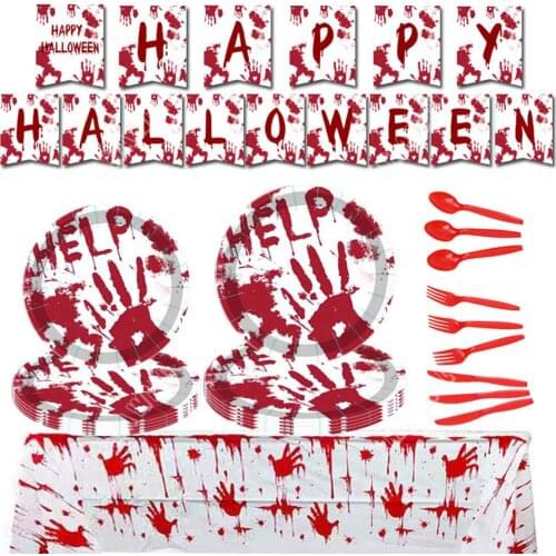 Halloween Blood Handprint Tableware Disposable Paper Plate Cup Napkin Banner Tablecloth Horror Theme Birthday Party Decorations