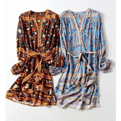 TEELYNN MINI tunic dress rayon 2019 blue rose Floral print Gypsy Dresses chic long sleeve beach women Dress Autumn boho dresses