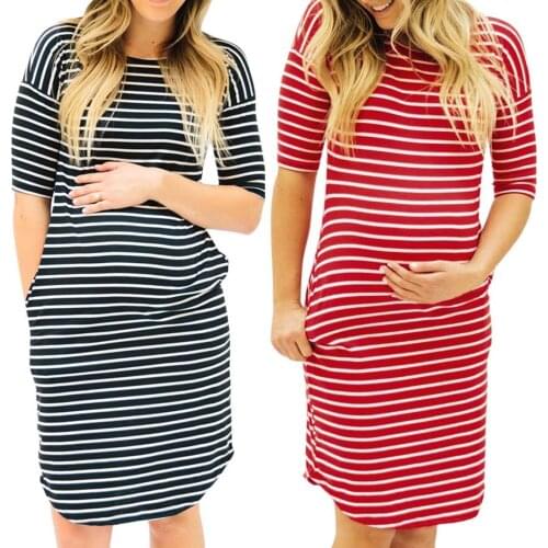 Fashion Casual Pregnancy Dress Women O-neck Pregnant Nursing Maternity Short Sleeve Stripe Summer Dresses Zwangerschaps Kleding