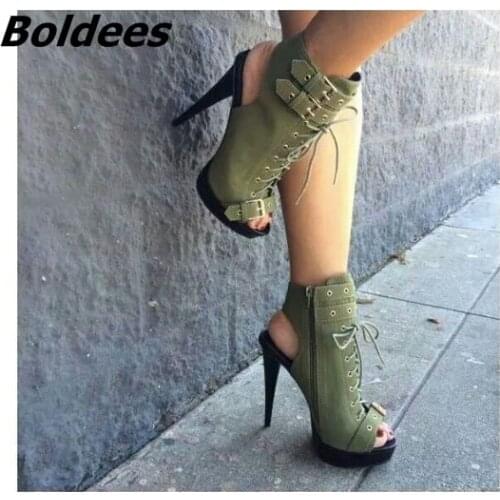 Trendy Green Buckles Decorated Platform Sandals Fancy Cross Strap Peep Toe Slingback Spike Heel Dress Shoes Fashion Booties