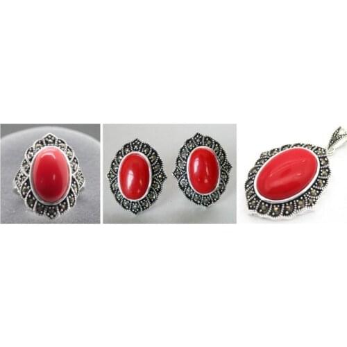 Fashion designed Red Carved Lacquer Marcasite 925 Sterling Silver Oval Ring(#7-10) Earrings & Pandent jewelry sets
