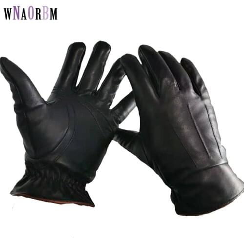 Mens Genuine Leather Gloves Real Sheepskin Black Touch Screen Gloves Fashion Brand Winter Warm Mittens New