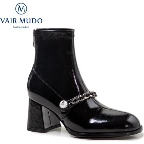 2021 New Ankle Boots Modern Stretch Fabric Solid Round Toe Concise Patent Leather Black Sewing High Heels Boots FootwearWM-X90-C