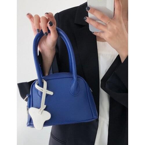 2021 Autumn New Simple Design Blue Litchi Pattern Soft Texture One Shoulder Portable Shell Small Bag High-end Fashion Bag