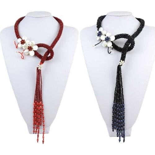 Fine Jewelry 30" Natural Freshweater Pearls Necklace 30mm&35mm Shell Flower Pendant Statement 2-3mm Beads Crystal Women Jewelry