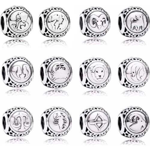PDB ZZ 1 100% 925 Sterling Silver Aquarius Star Sign Zodiac Beads fit Bracelets Fine Twelve Constellations Charm Bead Jewelry