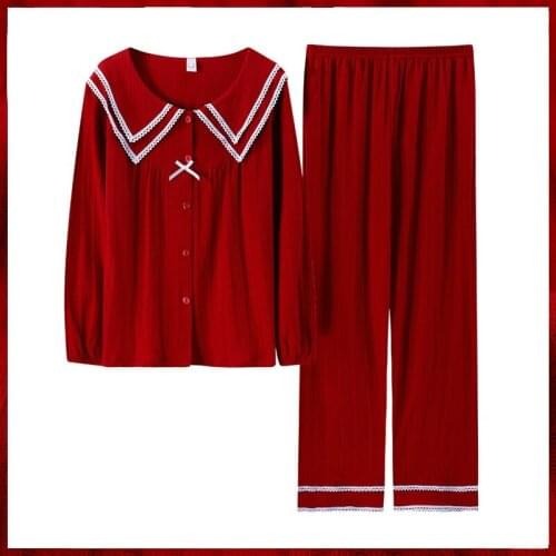 M-3XL Red Cotton 2PCS Pajamas Suit Wedding Spring Autumn Loose Pyjama Casual Homewear Sweet Lace Bow Sleepwear Lovely Nightwear