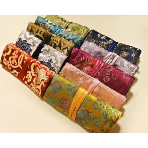 11x7 inch Luxury Silk Brocade Jewelry Roll Travel Bag Zipper Drawstring Cosmetic Makeup Storage Bag Packaging for Jewelry