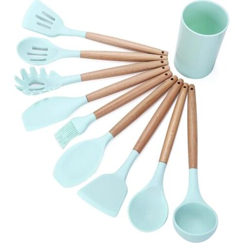 Silicone Kitchen Utensil Set 11 Pieces Kitchenware Set with Wooden Handle Nonstick Cookware Green