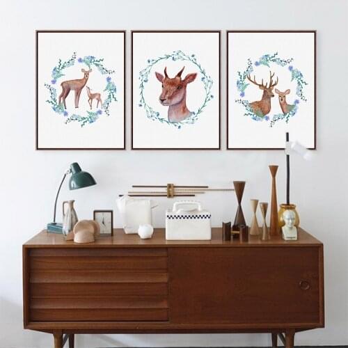 Modern Vintage Deer Head Elegant Poster Print Animal Flower Wreath Picture Nordic Home Wall Art Decoration Canvas Painting Gift