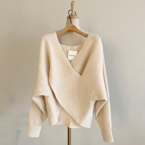 Korean Style Autumn Winter New Womens Temperament Simple Cross V-Neck Loose Knitted Sweaters Tops Ladies Casual Blouse